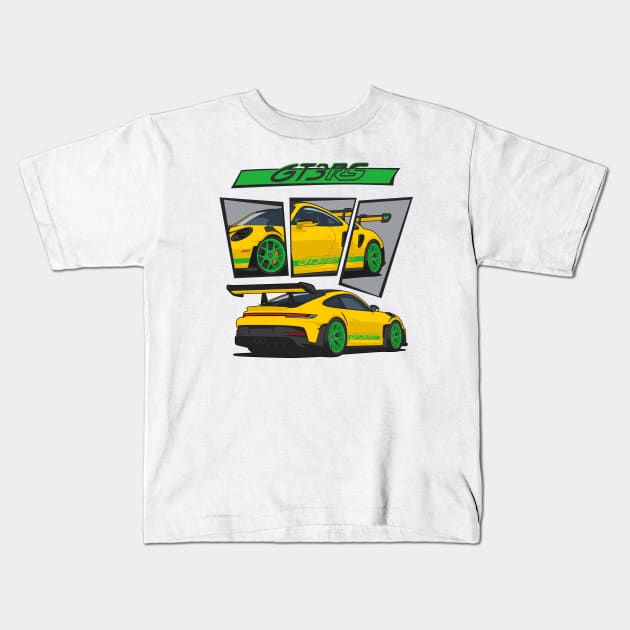 car 911 gt3 rs racing edition detail yellow green Kids T-Shirt by creative.z